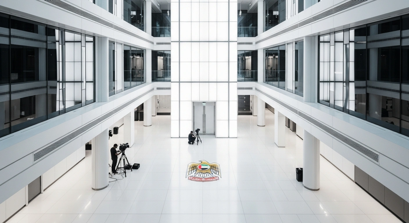 A high-angle view of a pristine, ultra-modern financial district atrium in Dubai, featuring polished surfaces and geometric architecture under crisp white light, with a subtle golden UAE emblem on the floor, symbolizing the UAE Ministry of Finance's updated VAT rules effective January 1, 2026, designed to simplify procedures, enhance transparency, and strengthen tax compliance.
