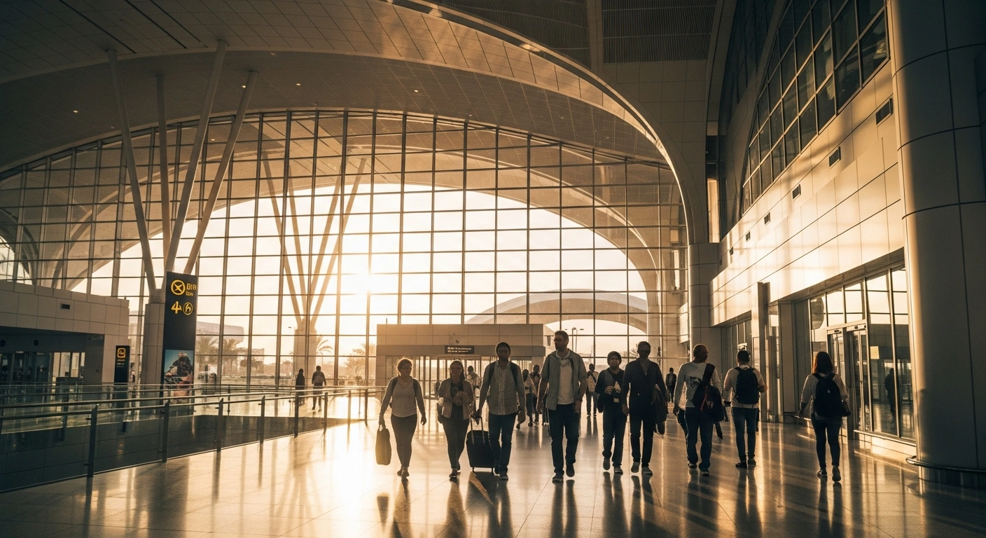 A group of international travelers walks through a modern airport terminal in the United Arab Emirates as part of a new visa grace period policy.