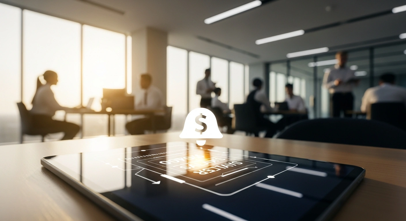 A digital tablet displays a financial notification in a modern UAE office, representing the updated Wage Protection System mandate for timely salary payments.