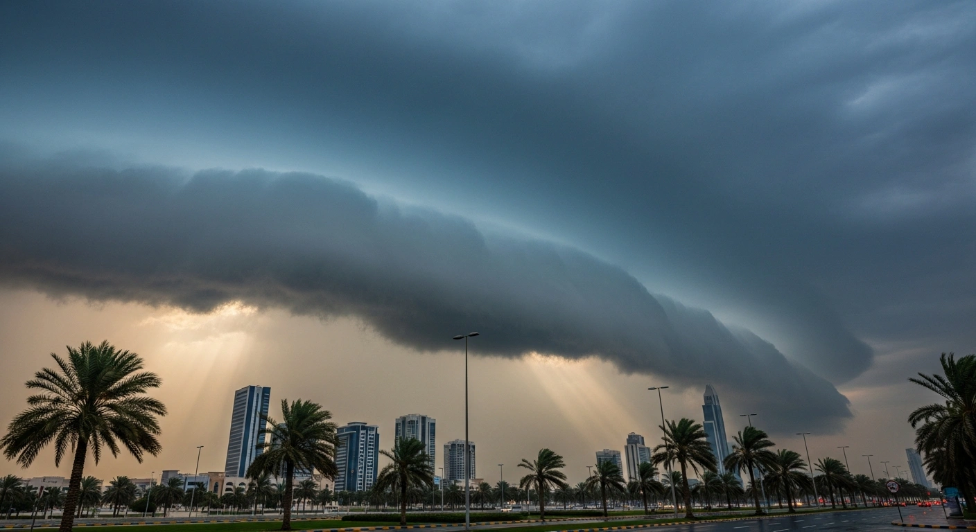 A dramatic storm approaches a modern UAE city with dark clouds, heavy rain, and strong winds signaling an unsettled weather system.
