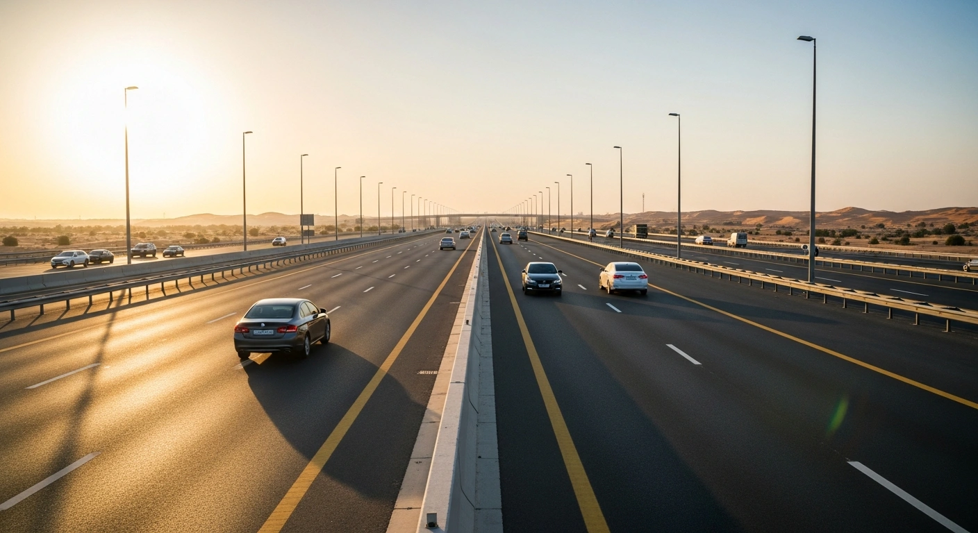 A wide-angle view of a modern, high-quality highway in the United Arab Emirates during sunset, showcasing the nation's world-class transportation infrastructure.