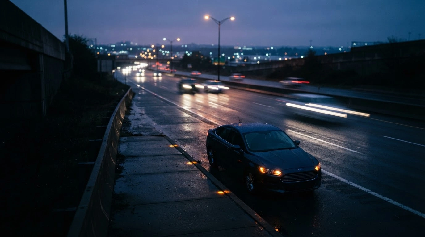 A dark highway at night with a ride-sharing vehicle parked on the shoulder, illustrating the safety concerns surrounding passenger drop-off locations.