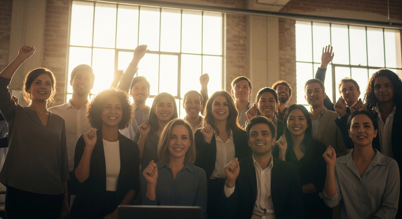 A diverse group of approximately 60 video game workers at Ubisoft's Halifax studio stand together in a modern office, illuminated by golden light, celebrating their successful unionization, marking the first Ubisoft union in North America.