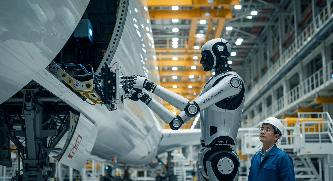 A UBTECH Walker S2 humanoid robot precisely positions a component on an aircraft fuselage within a vast Airbus manufacturing facility, symbolizing the collaboration between UBTECH and Airbus in aerospace production.