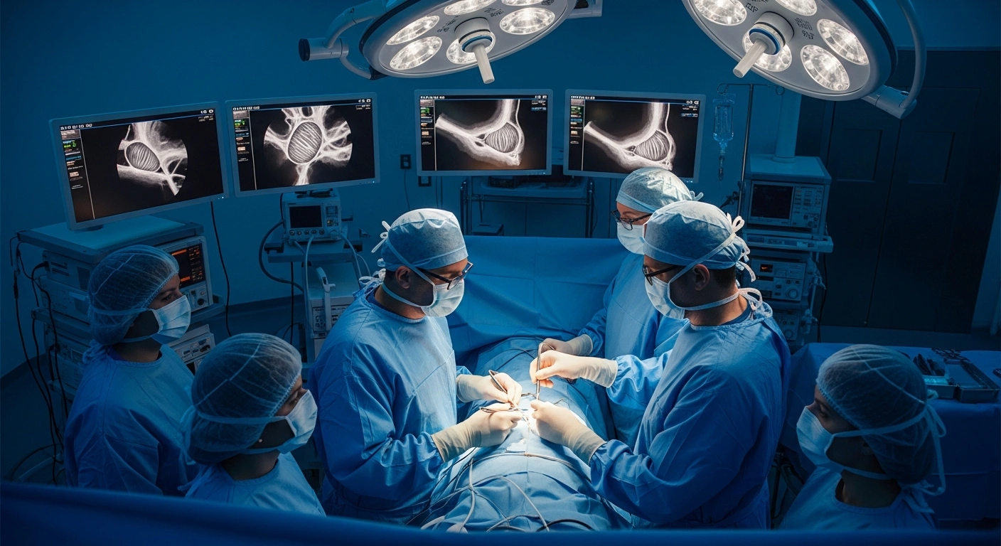 A surgical team at UC Davis Medical Center performs a minimally invasive heart valve procedure using a new clinical trial device.