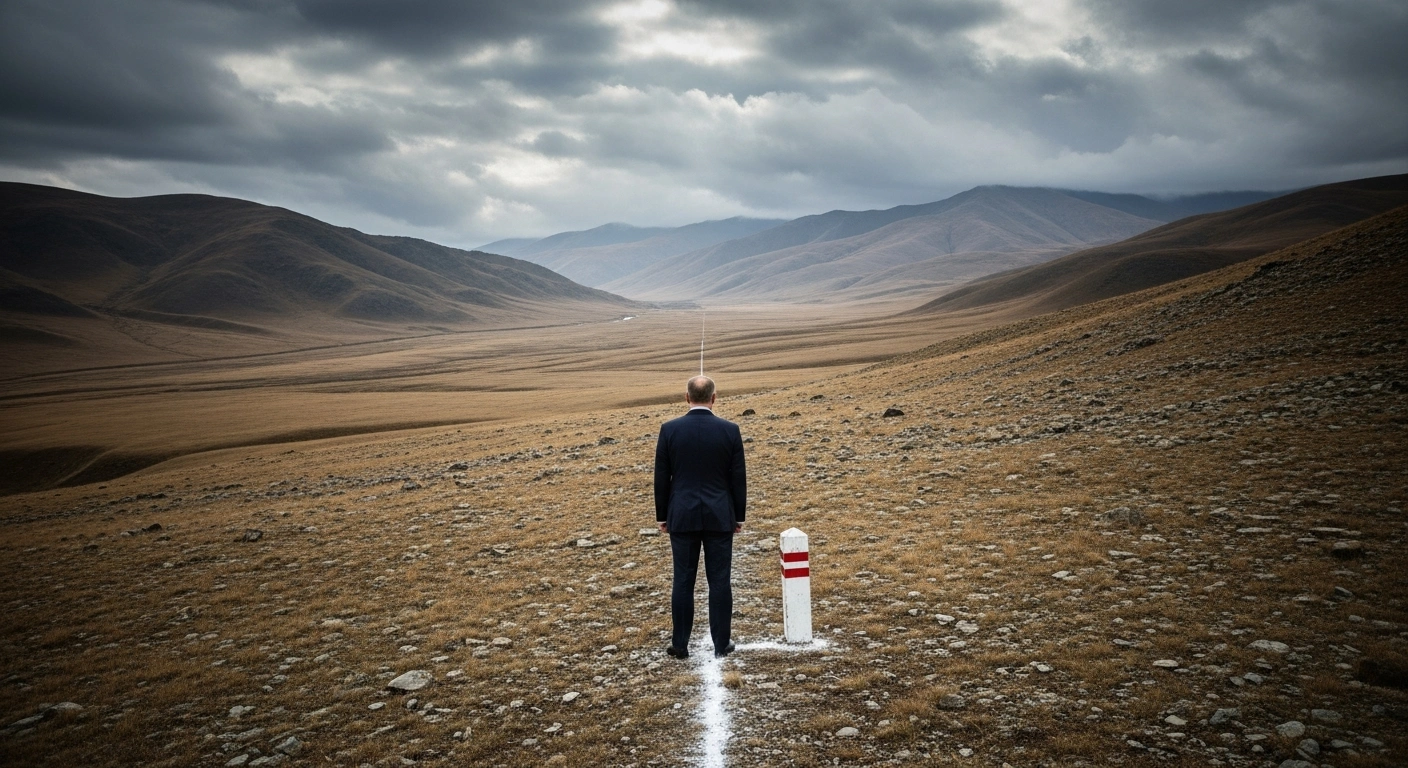 A distinguished man, representing Nikolai Udovichenko, stands in a rugged, mountainous landscape under an overcast sky, contemplating a newly marked border line, symbolizing his role as Russian President Vladimir Putin's special representative for the delimitation and demarcation of state borders, including those with Abkhazia, Georgia, and South Ossetia, to resolve territorial disputes.