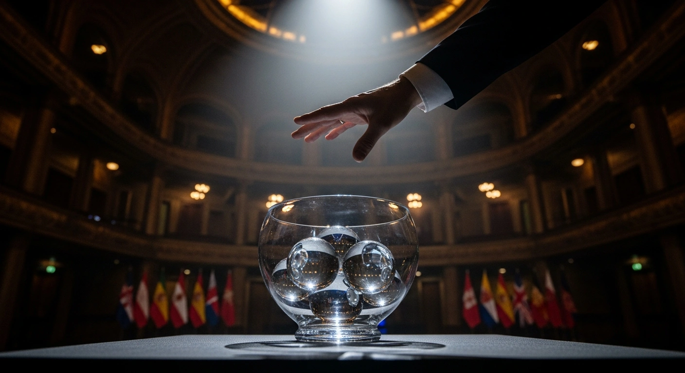 A dramatic, low-angle photograph capturing a gloved hand hovering over a crystal bowl filled with draw spheres on an illuminated stage, symbolizing the 2026-27 UEFA Nations League draw in Brussels where European champions Spain were drawn into Group A3 with England, Croatia, and Czechia.