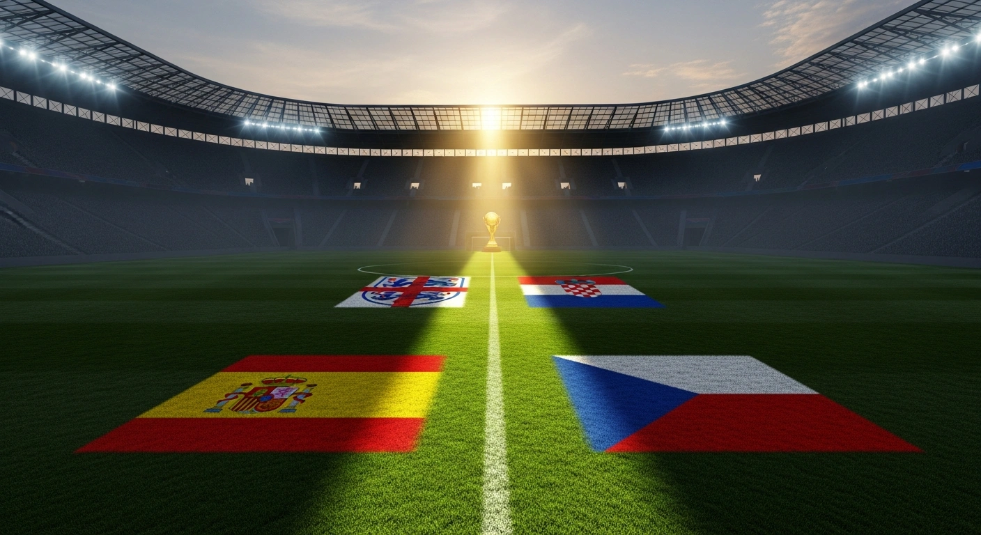 A dramatic, low-angle view of a football stadium at dusk, featuring four national flags representing Spain, England, Croatia, and Czechia, illuminated by a spotlight and casting long shadows on the pitch, symbolizing the challenging Group A3 draw for the 2026-27 UEFA Nations League.