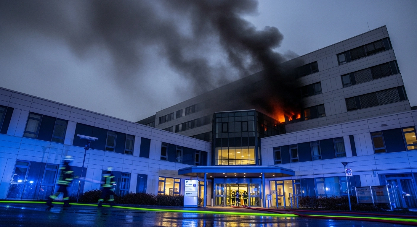 Emergency responders and firefighters work outside a hospital in Uelzen, Germany, following a fatal fire that required the evacuation of patients and staff.