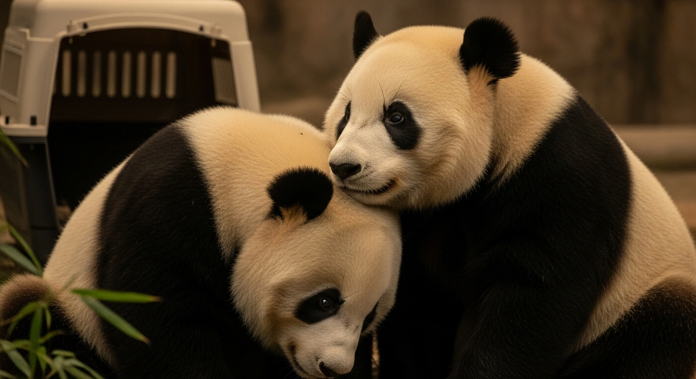 Two twin giant pandas, Xiao Xiao and Lei Lei, are depicted in their Ueno Zoo enclosure, with a transport crate visible in the background, symbolizing their upcoming departure from Japan to China.