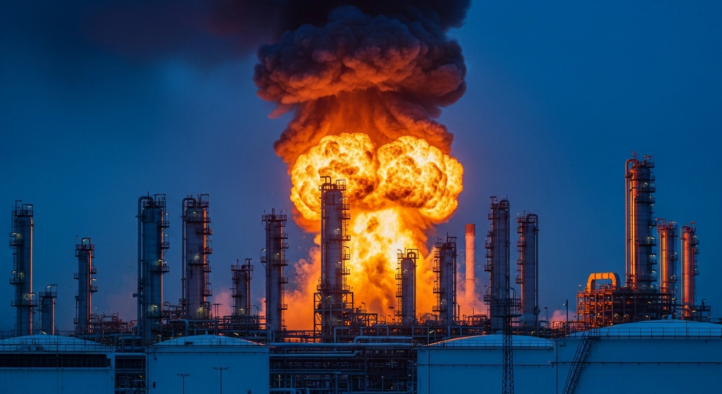 A large explosion erupts at an oil refinery in Ufa following a reported drone strike on the facility.