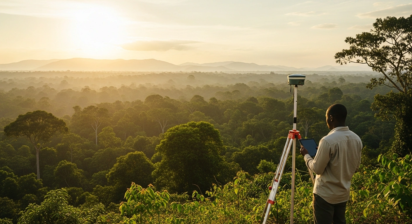 A professional surveyor stands in a lush Ugandan forest overlooking a vast landscape as part of the Econetix carbon asset management project.