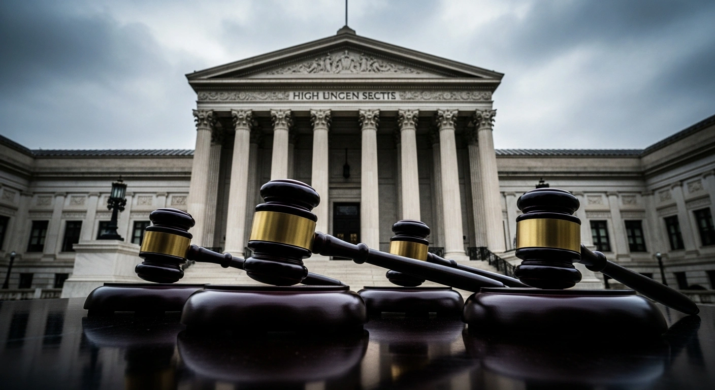 The exterior of a high court building serves as the backdrop for a legal scene representing the trial of Ugandan parliamentary staff for embezzlement.