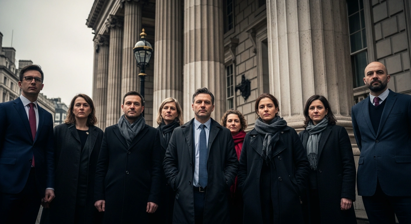 A group of activists and politicians gather in front of a government building in the United Kingdom to demand investigations into British nationals serving in the Israel Defense Forces.