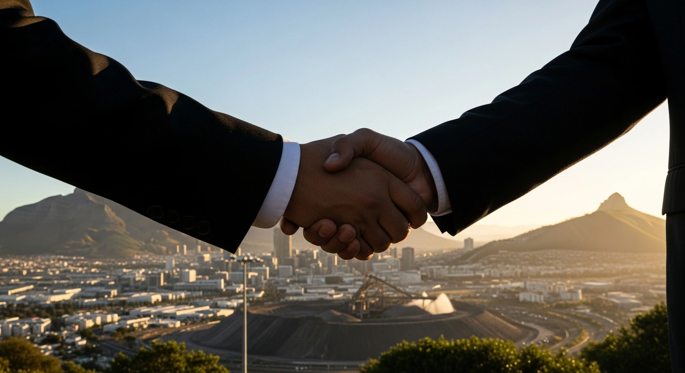 Two business figures, one representing the United Kingdom and the other Africa, shake hands against a backdrop of Cape Town, symbolizing new initiatives for critical mineral collaboration and investment in South African SMEs.