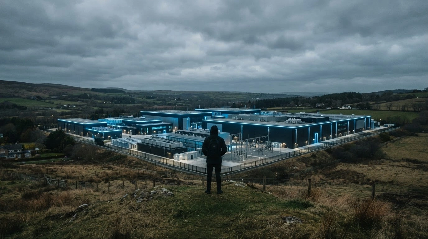 A large AI datacentre complex stands in a rural landscape, highlighting the tension between rapid technological infrastructure expansion and environmental community concerns in the United Kingdom.