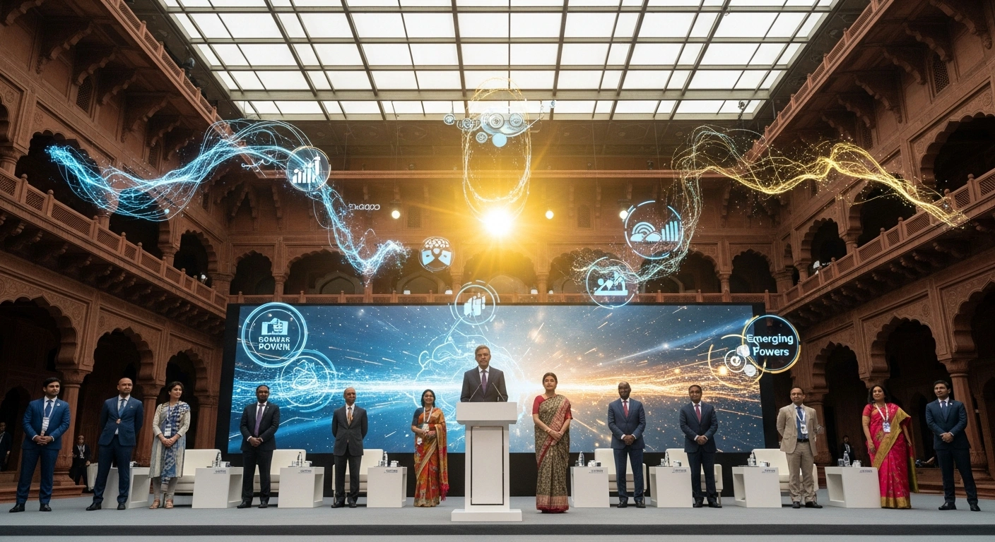 A UK delegate, representing the UK's participation alongside other global leaders, stands at a podium in a grand, futuristic conference hall in New Delhi, with dynamic data visualizations symbolizing AI's potential for economic growth, job creation, and enhanced public services, during discussions on safe and responsible AI development at the India–AI Impact Summit.