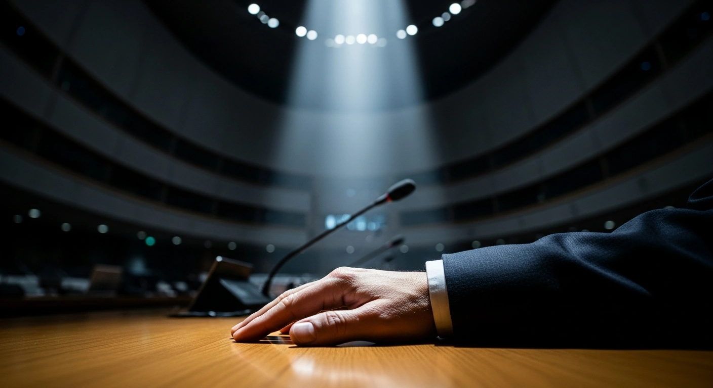 A close-up, low-angle shot shows a weathered hand resting on a polished wooden table within a grand European conference hall, illuminated by a single shaft of light, symbolizing the United Kingdom's profound concern over escalating antisemitism and the call for international guidelines to safeguard Jewish communities.