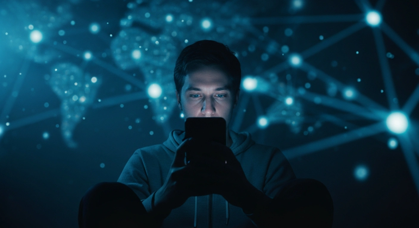 A person sits in a dark room looking at a smartphone screen while digital data patterns glow in the background, representing the rise of authorized push payment fraud in the United Kingdom.