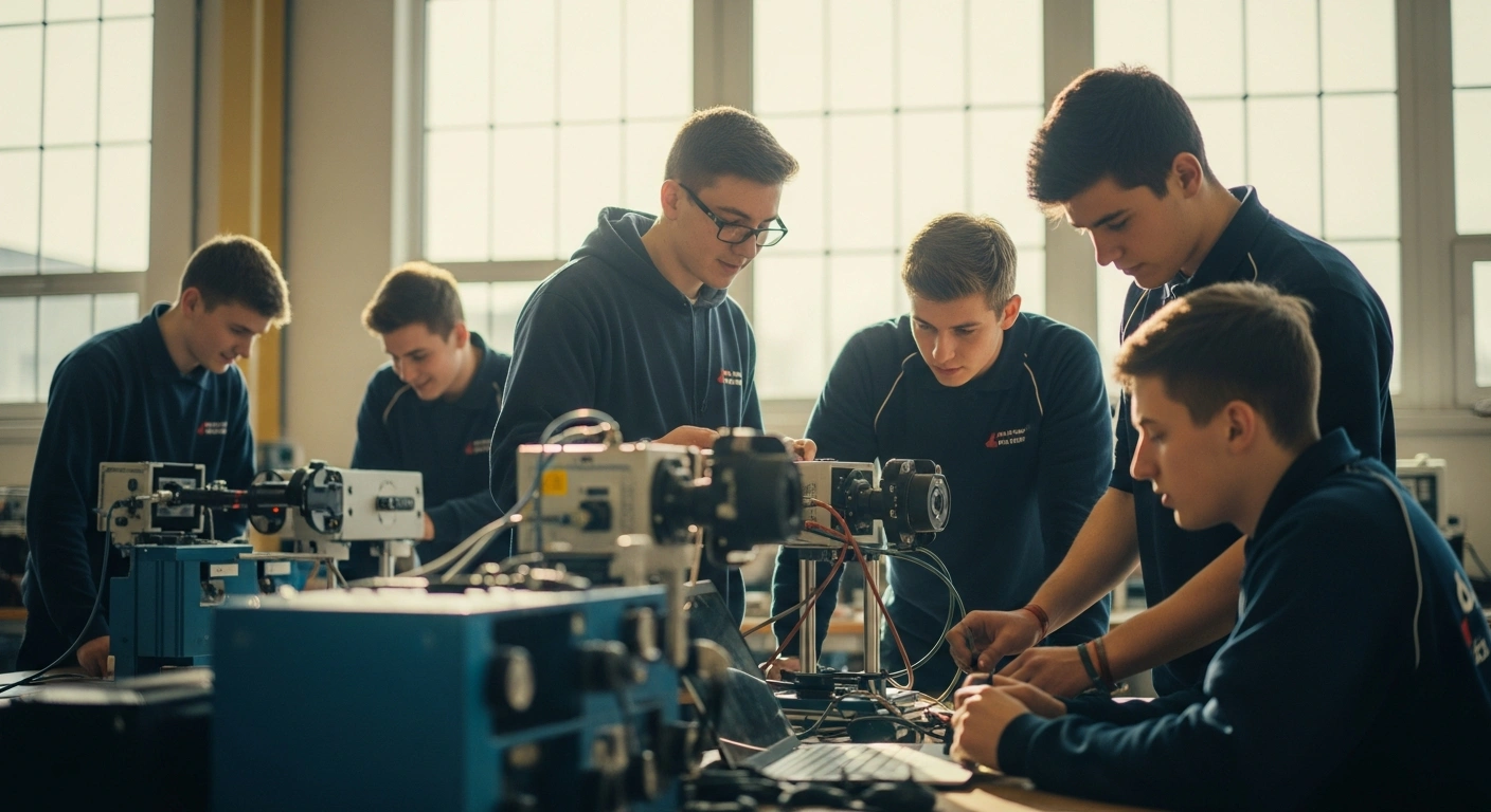 A diverse group of young apprentices works together in a modern workshop as part of the UK government's new apprenticeship funding initiative.