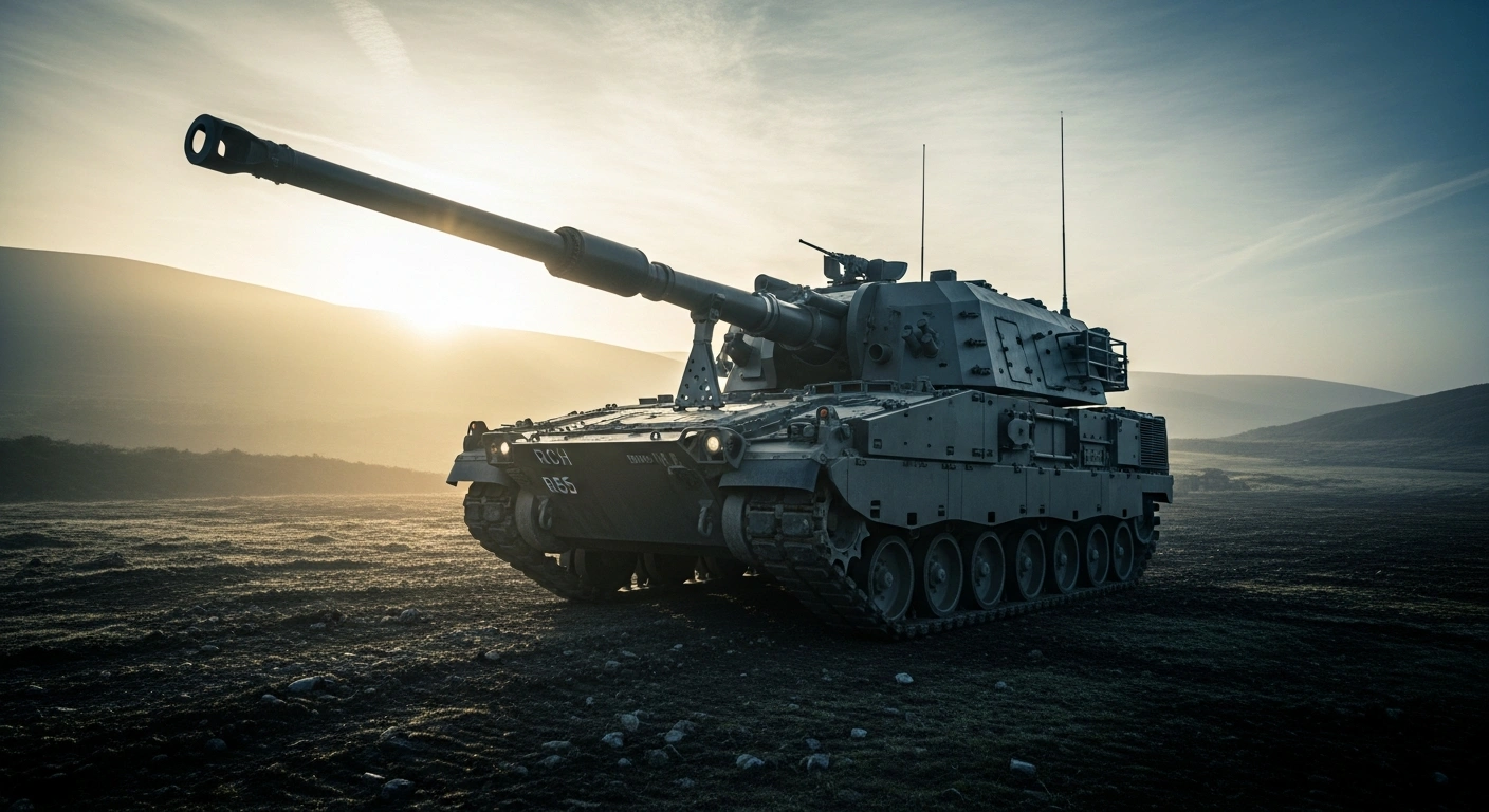 A modern RCH 155 self-propelled artillery system sits on a field as part of the British Army's new procurement for long-range precision firepower.