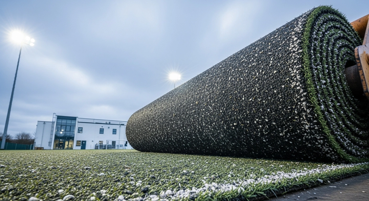 Industrial equipment rolls up worn artificial turf from a sports field as part of the UK ReSurface recycling initiative.