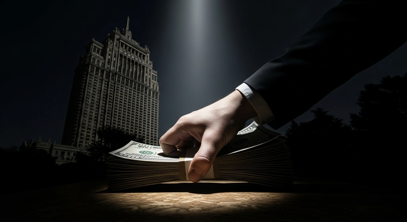 An authoritative hand reclaims a stack of stylized currency from an opulent surface, symbolizing the UK government clawing back £74 million from private companies operating asylum hotels due to excessive profits.