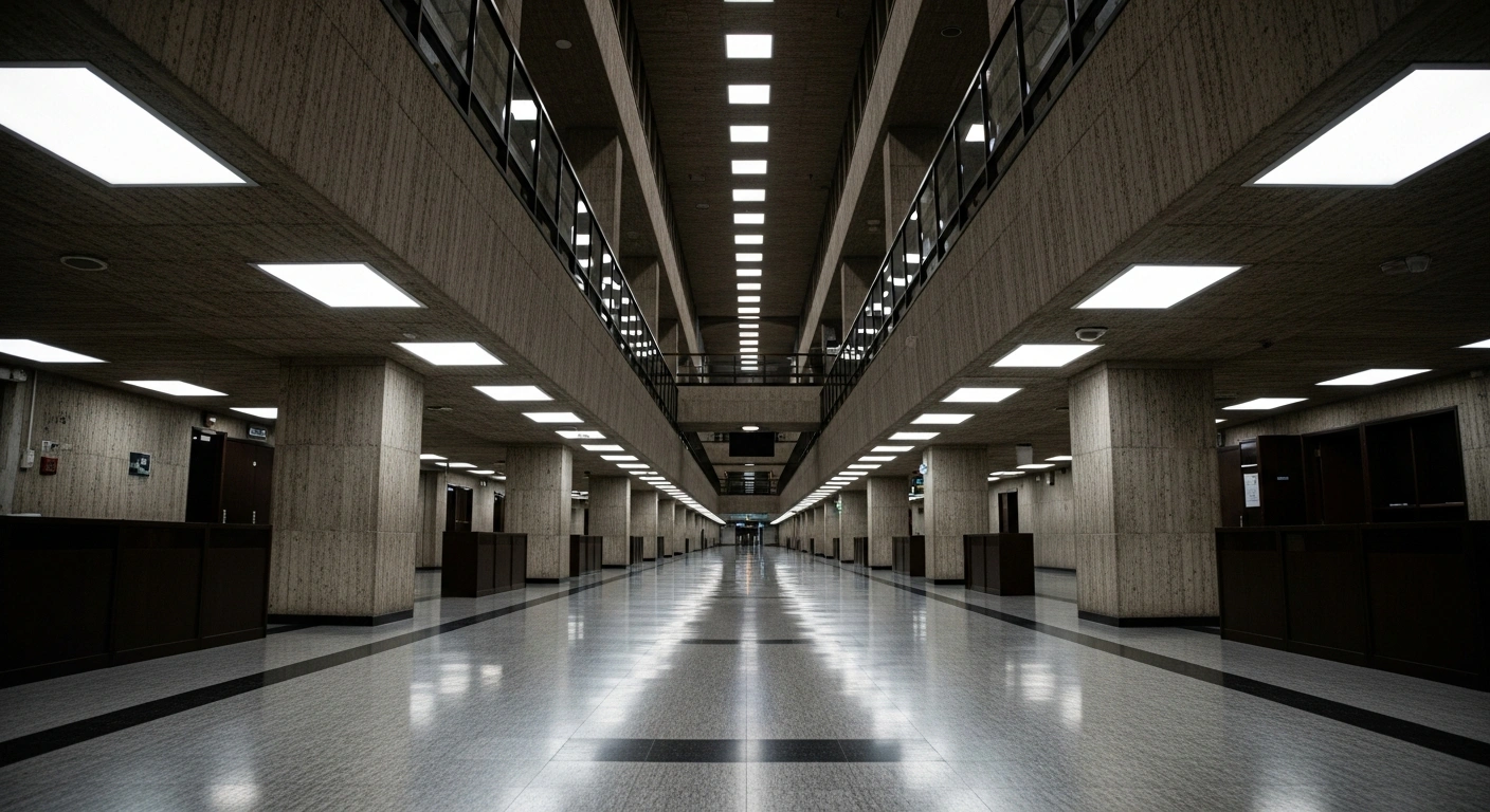 A long, sterile corridor within a brutalist government building is illuminated by cold fluorescent lights, representing the stringent new UK asylum reforms announced by Home Secretary Shabana Mahmood, which include a 20-year waiting period for permanent settlement and increased powers to seize assets.