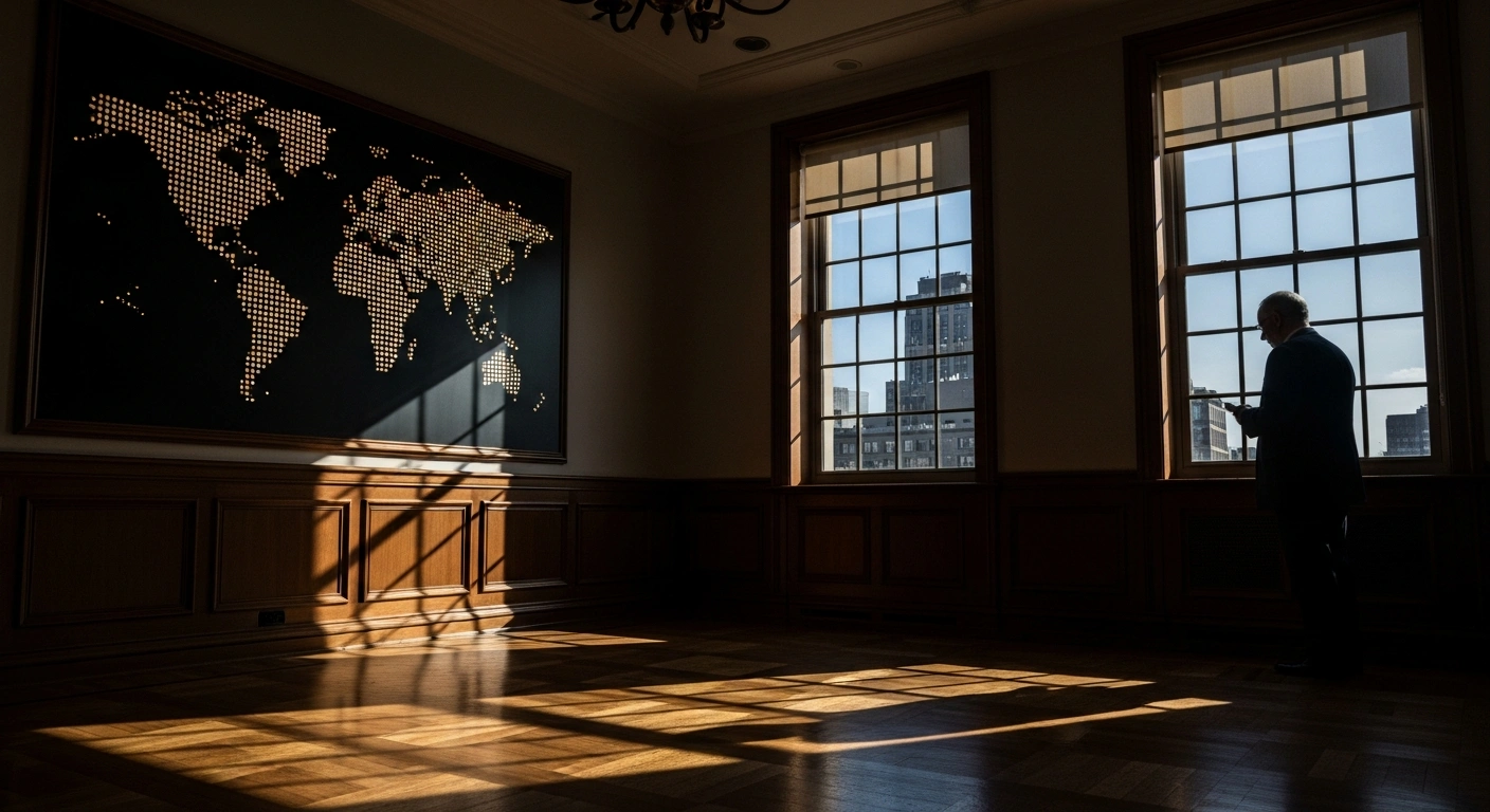 A distinguished statesman stands silhouetted against a grand window in a stately office, contemplating the balance between international law and diplomatic relations, reflecting the UK Attorney General's comments on the US military operation in Venezuela and the capture of President Nicolás Maduro.