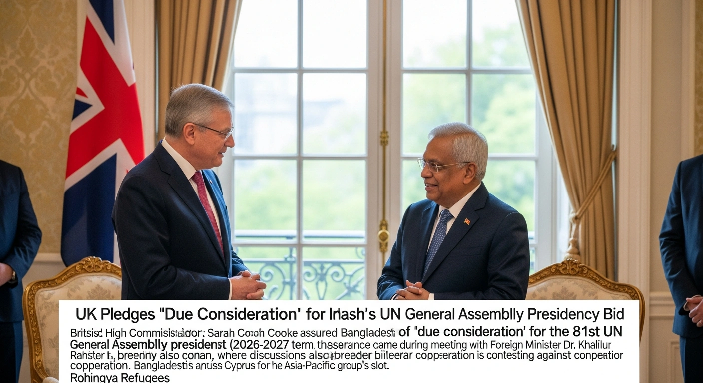 British High Commissioner Sarah Cooke is depicted offering a reassuring gesture to Bangladeshi Foreign Minister Dr. Khalilur Rahman in a formal diplomatic meeting, symbolizing discussions about Bangladesh's candidacy for the 81st UN General Assembly presidency and bilateral cooperation.