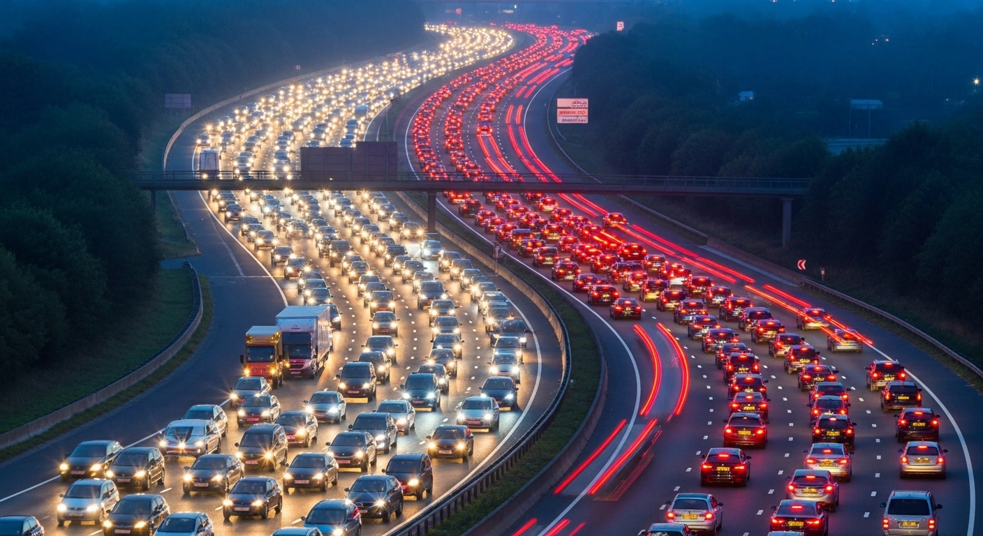 A congested UK motorway filled with thousands of cars during the late May bank holiday weekend, showing heavy traffic and travel disruption.
