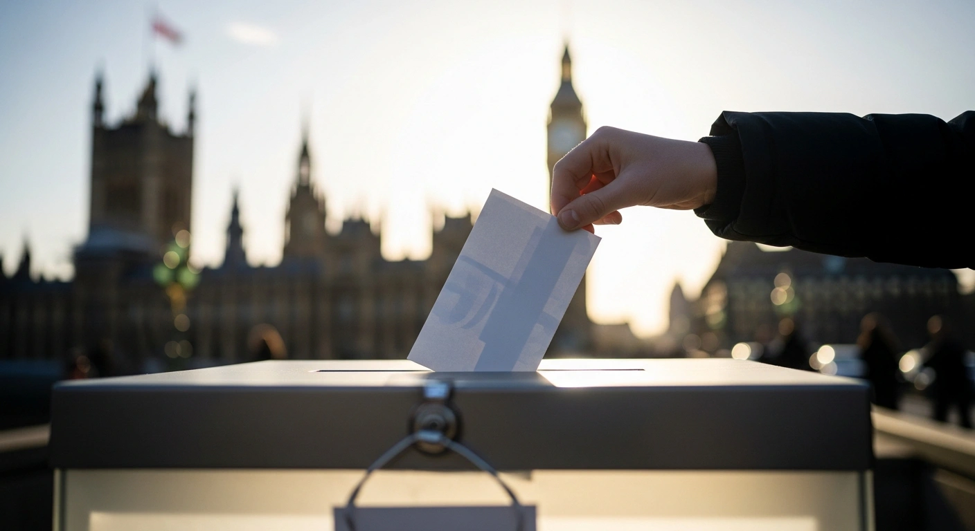A young person's hand casts a ballot into a modern, internally lit ballot box, with the Houses of Parliament visible in the softly lit background, symbolizing the United Kingdom's new Representation of the People Bill strengthening political finance laws and expanding democratic participation.