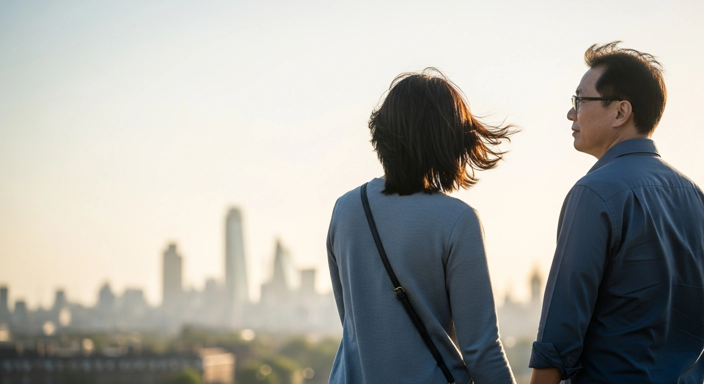 A Hong Kong parent and their adult child stand together, looking towards a distant, subtly blurred London skyline, symbolizing the UK government's expanded British National (Overseas) visa route for adult children of Hong Kong status-holders, aiming to reunite families and bring Hongkongers to the UK.