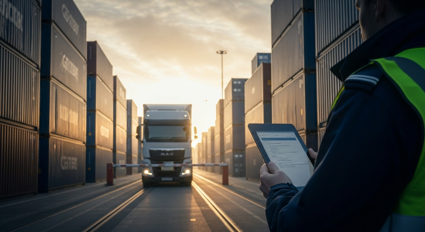 A customs official checks a digital veterinary health certificate on a tablet at a busy UK border crossing to facilitate the trade of animal and plant products.