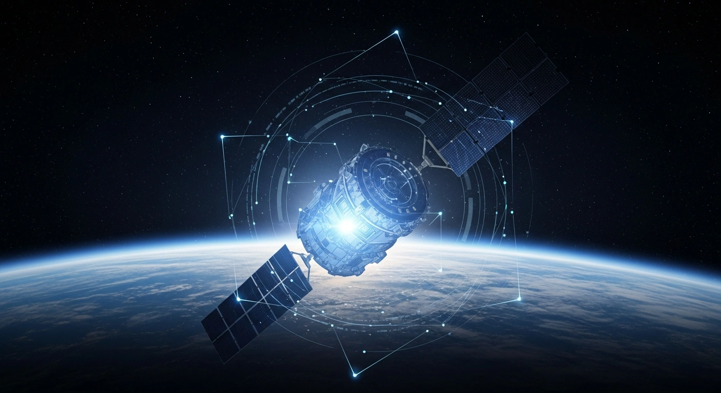 A high-tech satellite orbits Earth while being protected by the Borealis software system designed to monitor and safeguard space infrastructure.