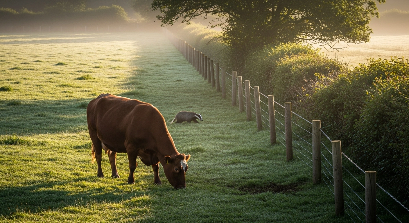 A healthy cow grazes in a green English field while a badger walks near a hedgerow, representing the shift from badger culling to cattle vaccination for bovine tuberculosis.