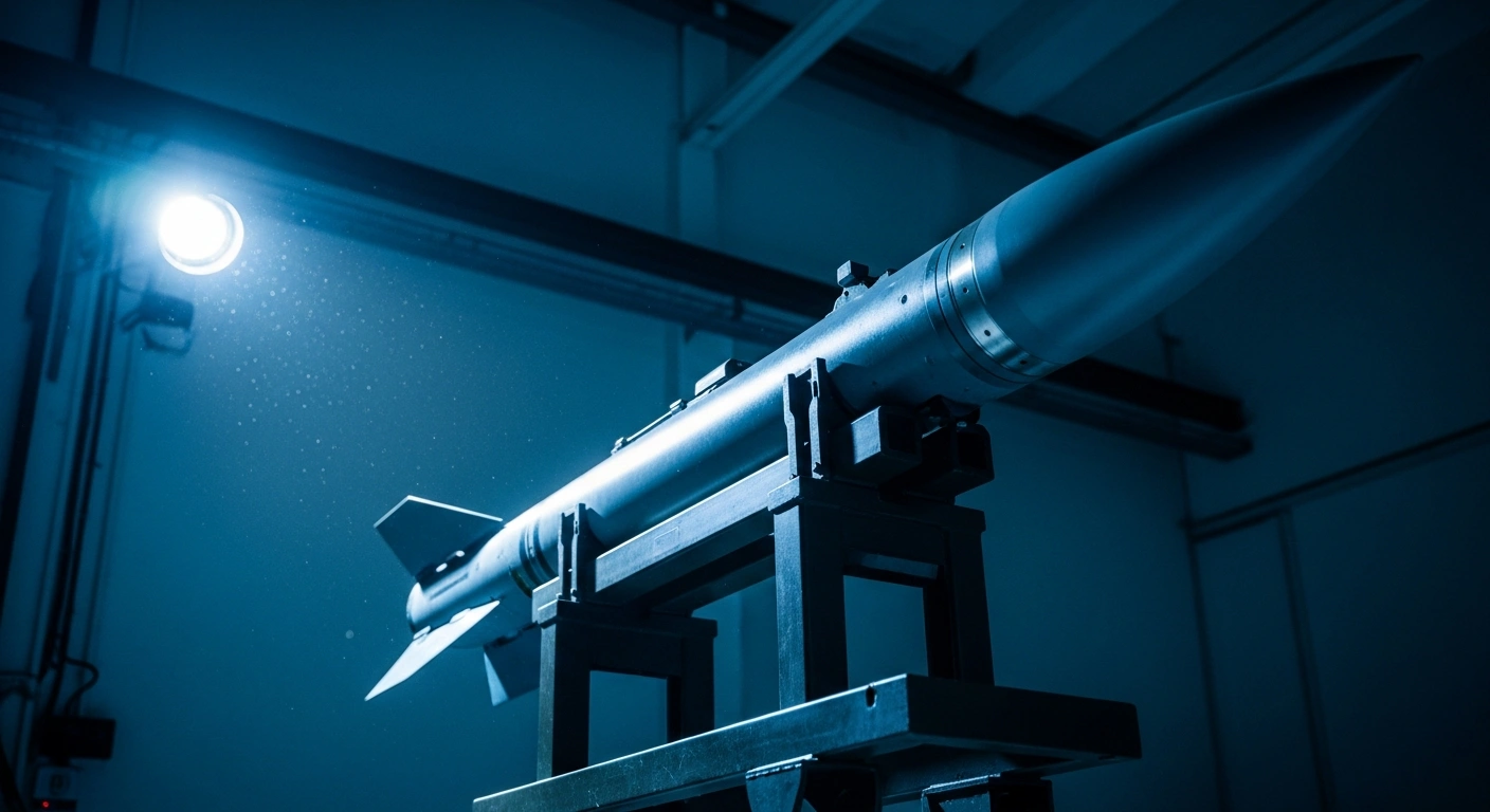 A close-up view of a Brimstone laser-guided missile stored in a military facility as part of the UK Ministry of Defence procurement program.