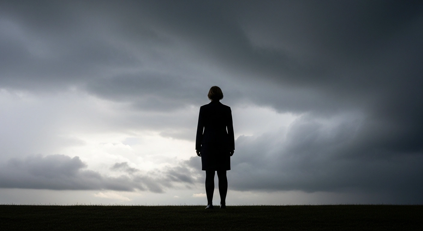 A lone, resolute figure stands silhouetted against a turbulent, stormy sky, gazing at an unseen challenging economic landscape, symbolizing Chancellor Rachel Reeves' upcoming Autumn Budget with likely tax increases, focus on economic stability, and challenges from global headwinds and UK productivity issues.