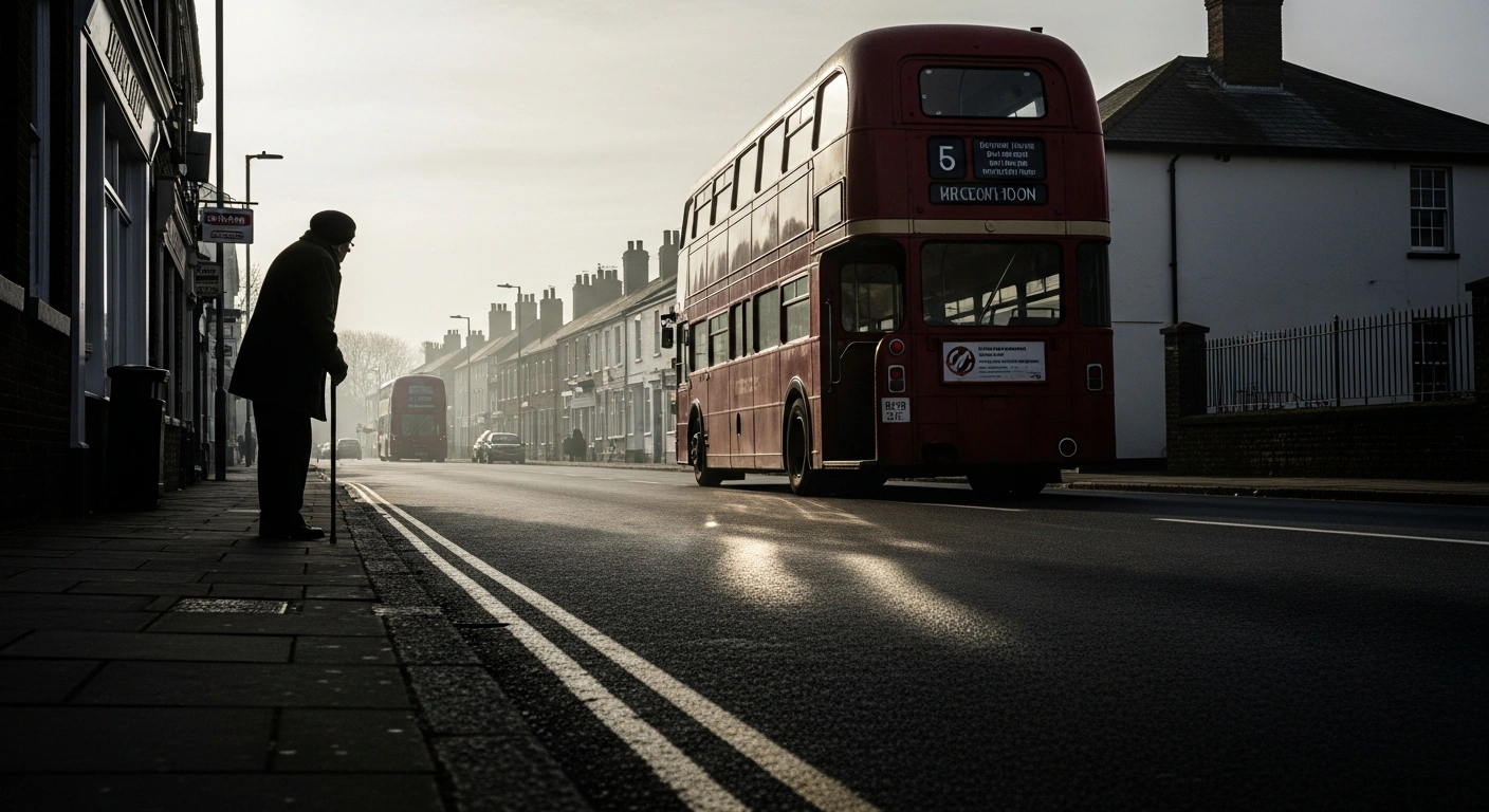 An elderly person with a walking stick stands at a bus stop, silhouetted against the muted light of a winter morning, watching a red double-decker bus pull away, symbolizing the significant changes to UK bus pass rules for pensioners and disabled residents taking effect in 2026.