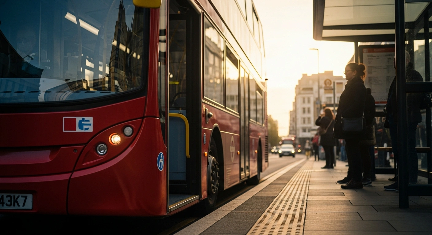 A modern red double-decker bus arrives at a city bus stop in England as part of the updated National Concessionary Travel Scheme.