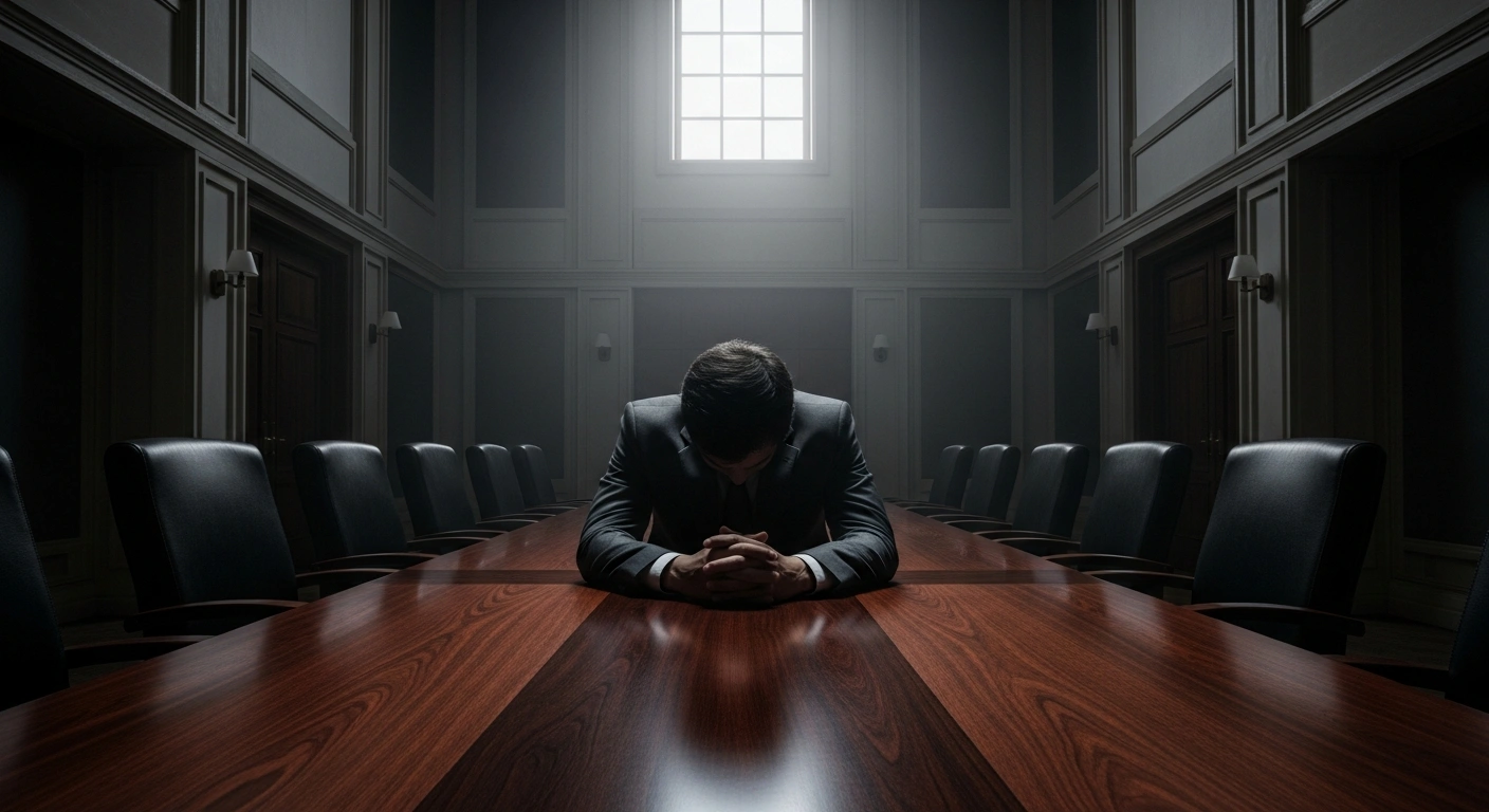 A solitary business leader, hunched over a large, polished mahogany table in a dimly lit, desolate boardroom, symbolizes the historic low in UK business confidence in October 2025, reflecting deep pessimism over rising costs, tax uncertainty, and weak economic growth ahead of the Autumn Budget.