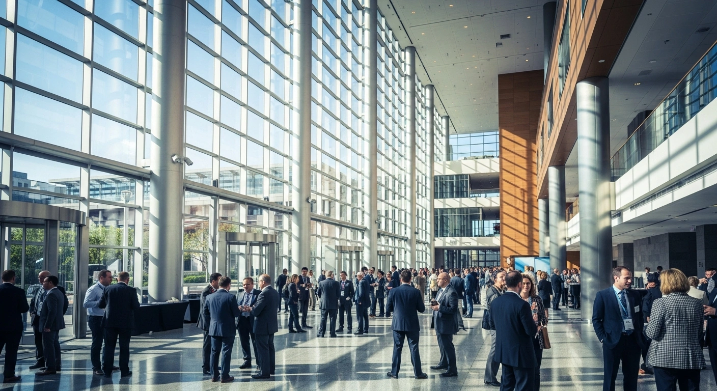 Business professionals network at a large, modern convention center to represent the growth of the UK business events sector.