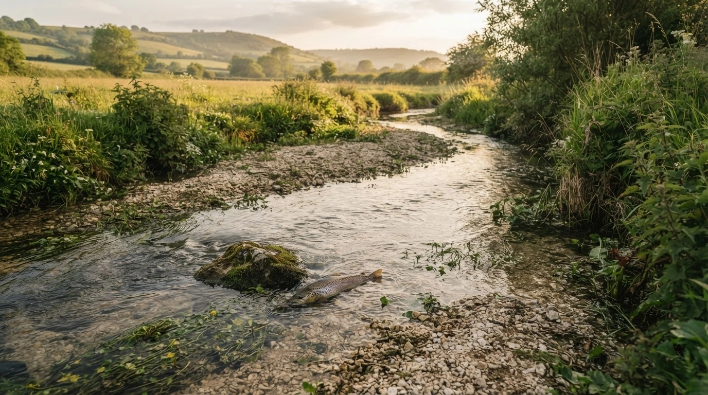 A shallow and drying UK chalk stream shows signs of environmental distress, threatening the survival of native trout populations.