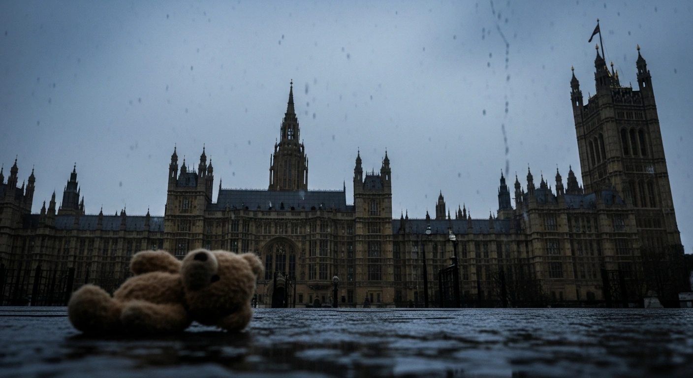 A low-angle, rain-streaked view of the UK Parliament building under an overcast sky, with a discarded teddy bear in the foreground, symbolizing the inquiry into the government's Child Poverty Strategy affecting 4.5 million children.