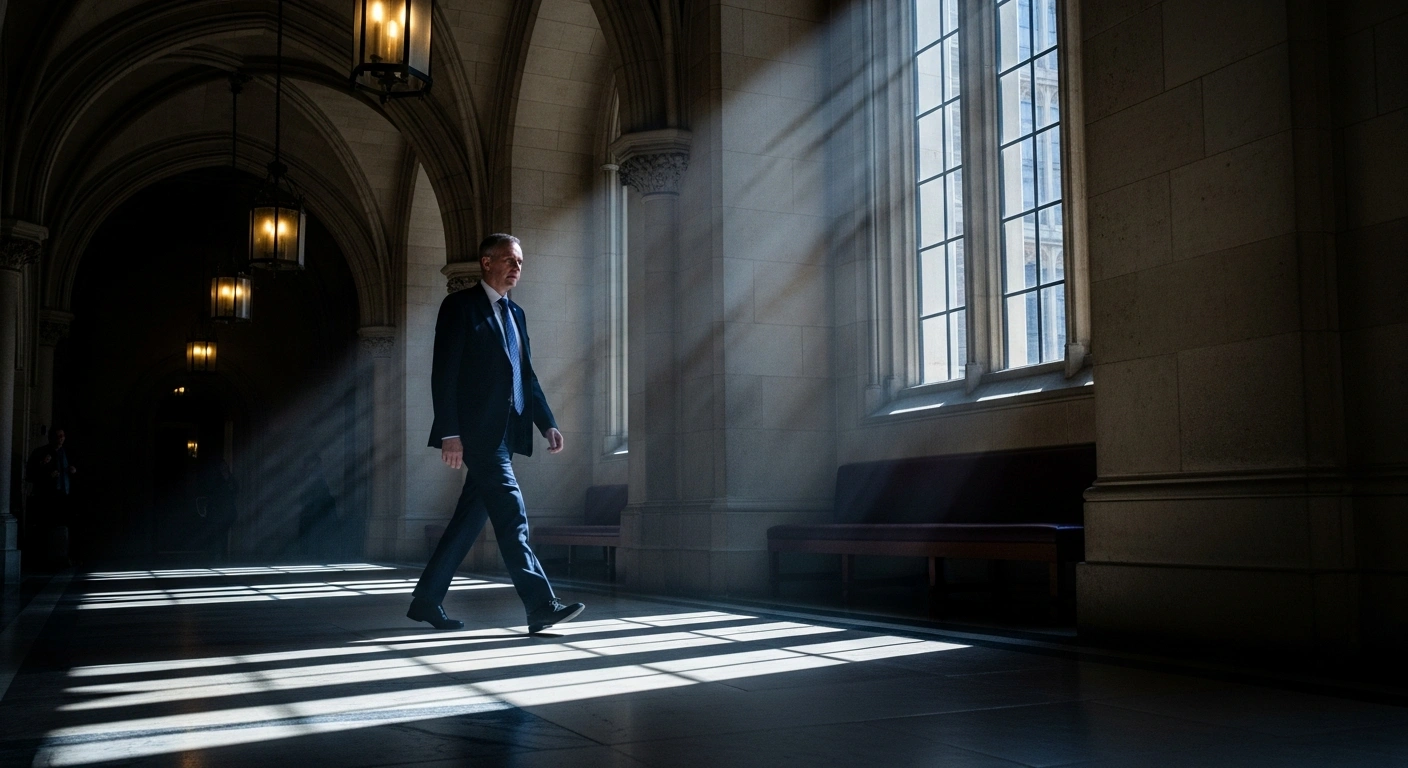 A diplomat walks through a grand London government building as the UK Foreign Office addresses diplomatic tensions with the Chinese Ambassador regarding espionage convictions.