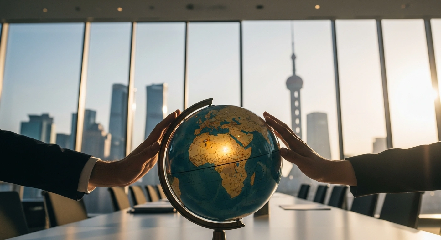 A close-up shot shows a Western hand and an Eastern hand gently pushing an antique globe forward in a modern Beijing conference room, symbolizing new trade agreements and a pragmatic chapter in UK-China relations following British Prime Minister Keir Starmer's state visit.