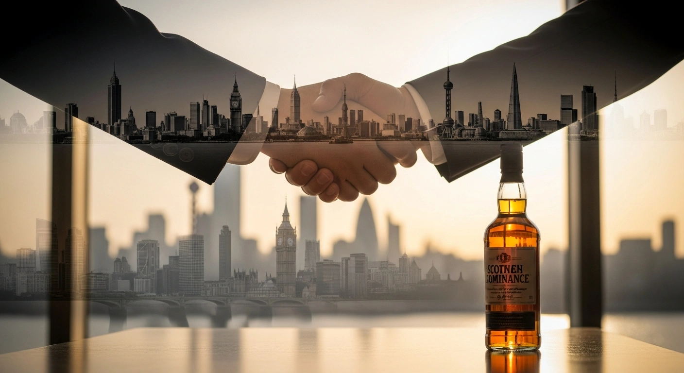 A close-up photograph depicts two hands shaking firmly, symbolizing the new £2.2 billion economic agreements between the UK and China, with a blurred background featuring a blend of London and Beijing skylines and a prominent bottle of Scotch whisky.