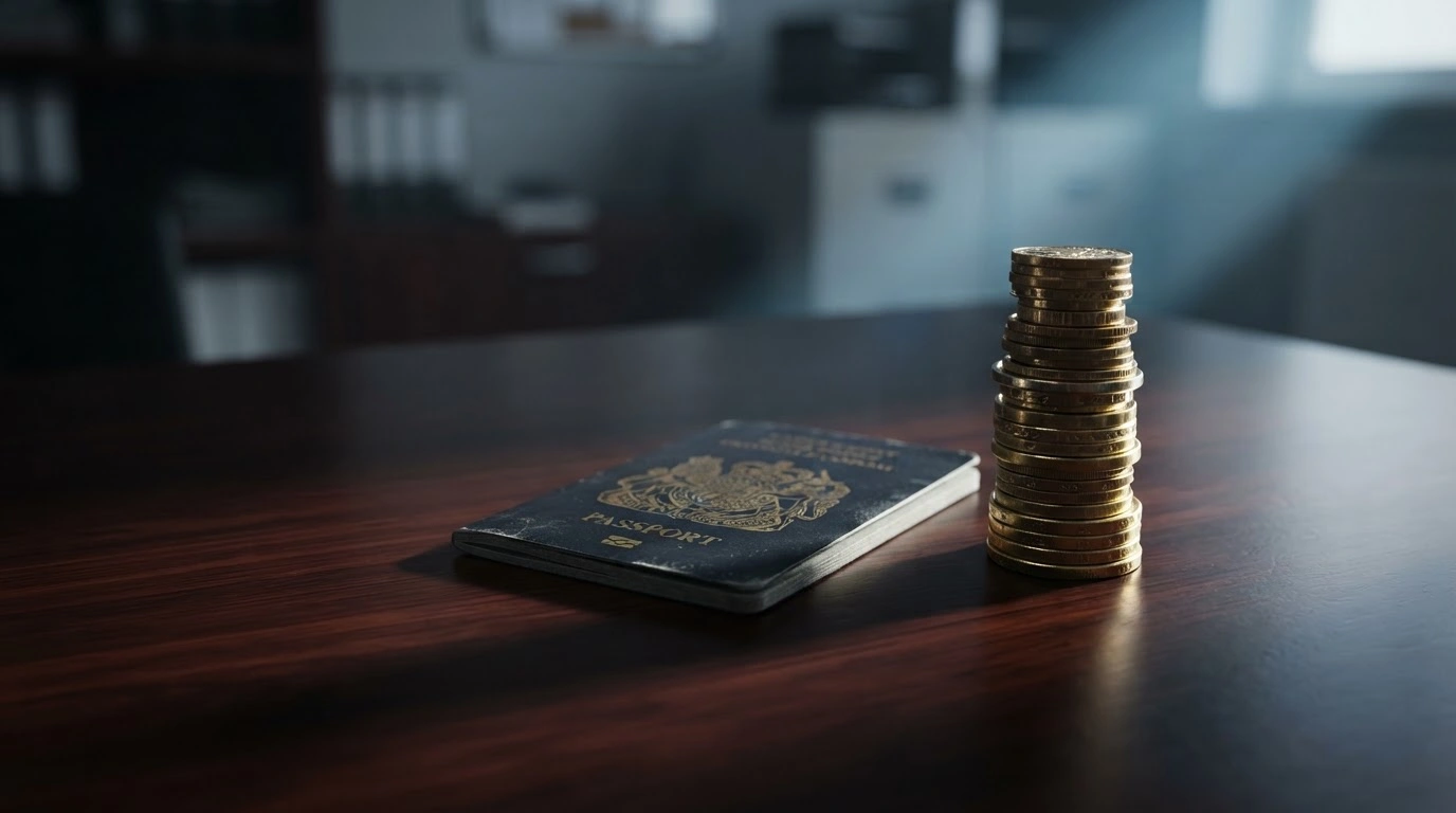 A British passport sits next to a large stack of gold coins on a desk, representing the high cost of UK citizenship application fees compared to administrative processing expenses.