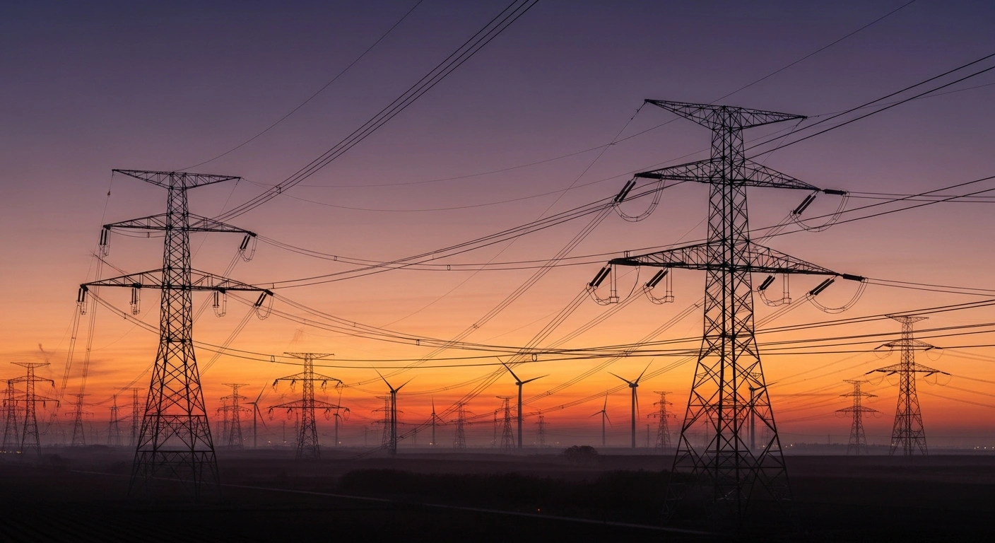 A cinematic wide shot at dawn depicts colossal, modern electricity pylons and massive power lines stretching across a vast landscape towards a distant horizon with wind farms, representing the UK's new electricity 'superhighways' like EGL3, EGL4, and GWNC, aimed at enhancing energy security, integrating clean power, and accelerating the net-zero transition.