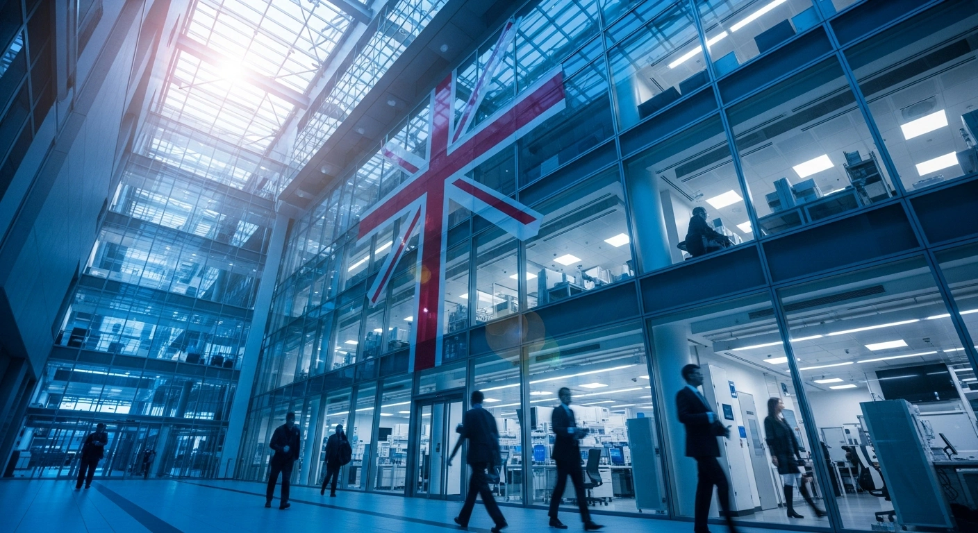 A wide, low-angle shot of a gleaming, ultra-modern research facility with a subtle Union Jack motif, depicting the UK government's reforms to accelerate clinical trials and enhance patient access to new treatments.